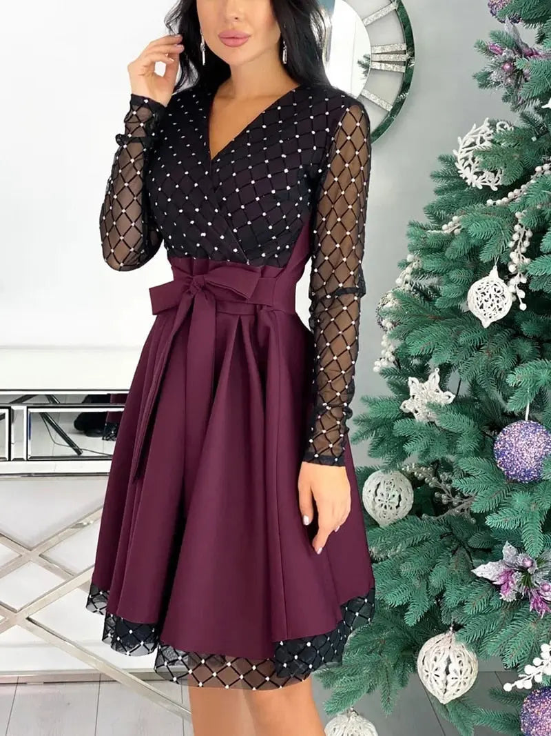 Shiny Sequin Diamond Mesh Stitching Dress Women Spring Autumn Sheer Long Sleeve Belted Slim A Line Dresses nowadaysfashion