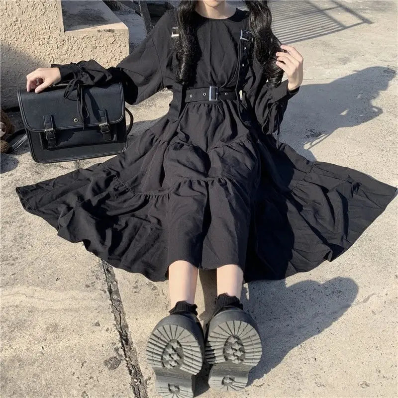Women Harajuku Gothic Lolita Goth Kawaii Dress Punk Cute Long Sleeve Black Midi Dress nowadaysfashion
