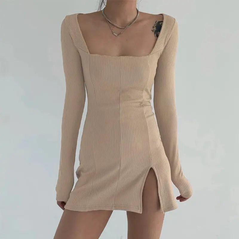 Square Neck Ribbed Black Dress Female Knitted Side Split Bodycon Dress Long Sleeve Mini Dresses nowadaysfashion
