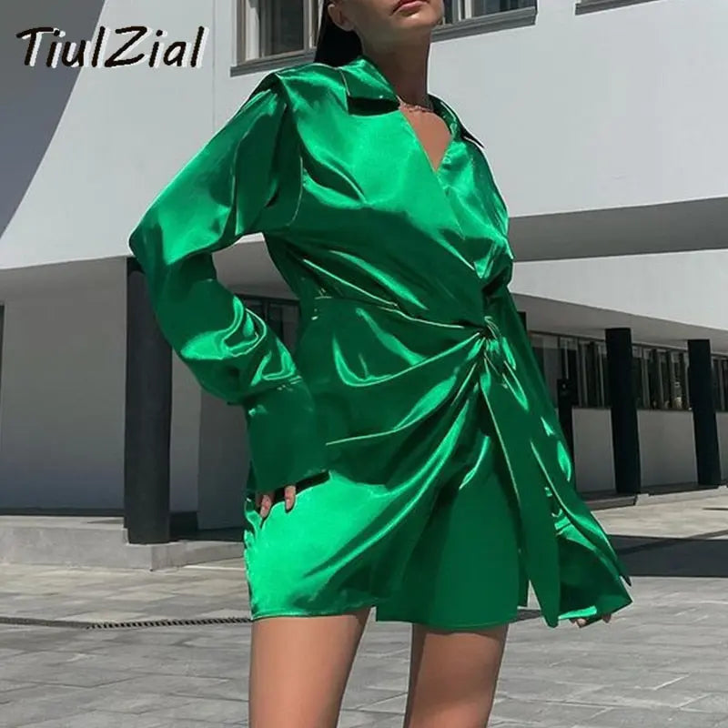 Long Sleeve Mini Satin Dress Nothed Lace Up Bandage Wrap High Waist Casual Shirt Dresses nowadaysfashion