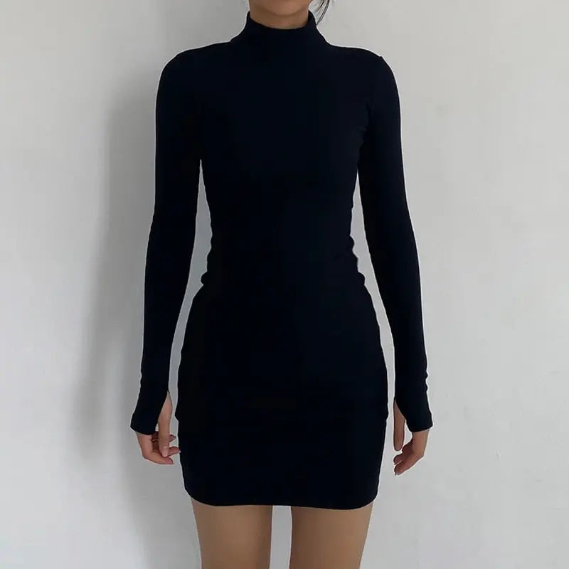 Spring Autumn Fashion Turtleneck Skinny Mini Dress Women Rib Knit Keep Warm Long Sleeve Dress nowadaysfashion