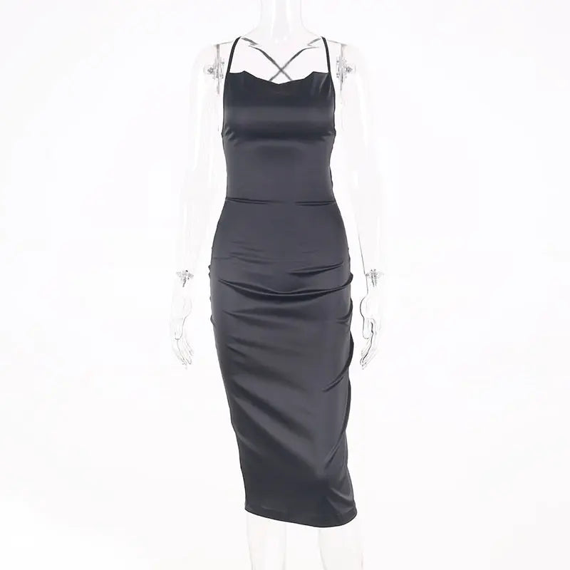 neon satin lace up 2022 summer women bodycon long midi dress sleeveless backless elegant party nowadaysfashion