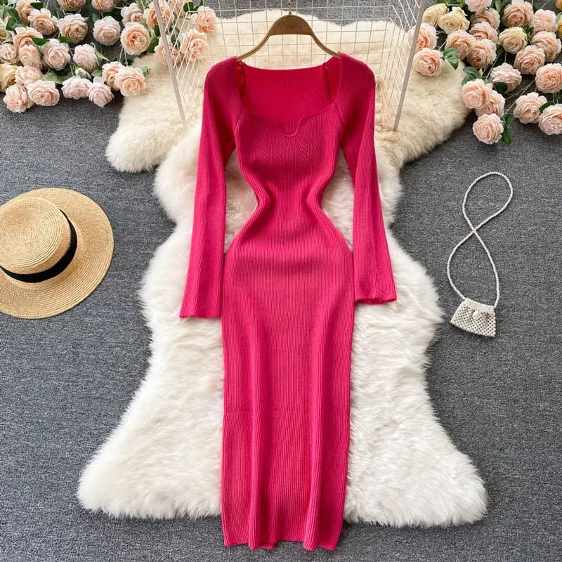 Strapless Ribbed Knitted Bodycon Dress Women Winter Long Sleeve Midi Sweater Dress nowadaysfashion