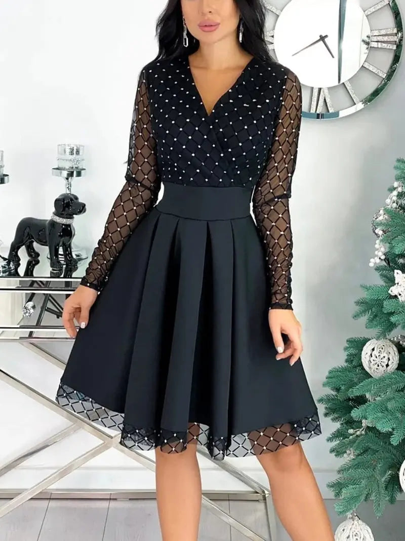 Shiny Sequin Diamond Mesh Stitching Dress Women Spring Autumn Sheer Long Sleeve Belted Slim A Line Dresses nowadaysfashion