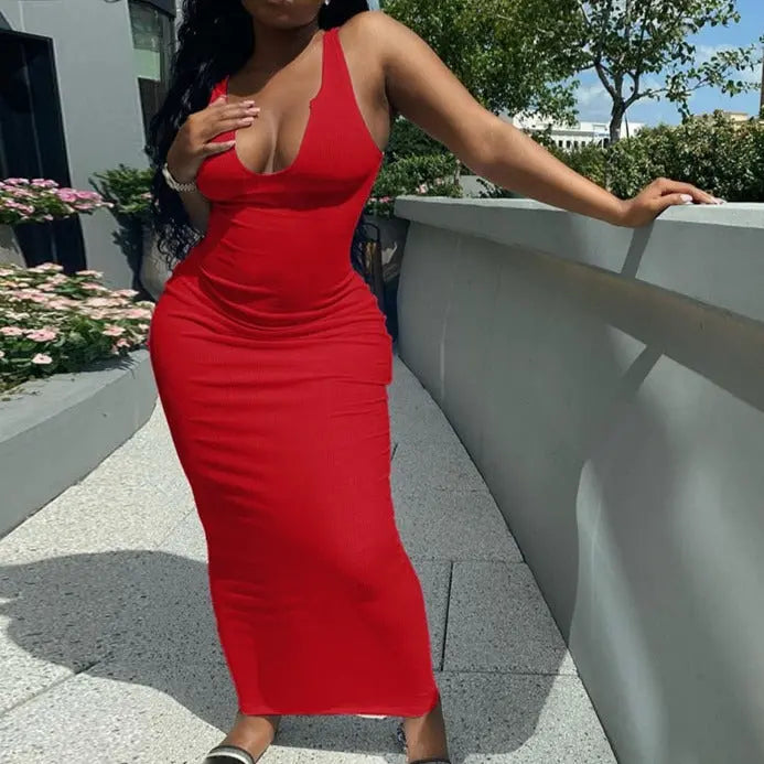 Ribbed Knitted Stripe Women Pure Sleeveless Midi Dress V Neck Bodycon Elegant 2022 Summer nowadaysfashion