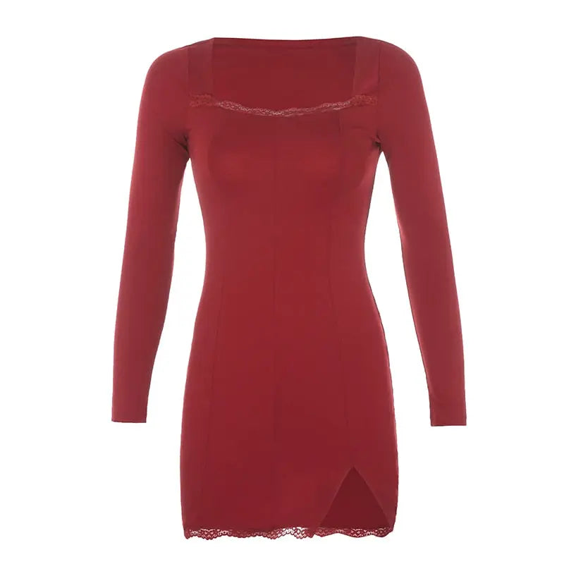 Square Neck Lace Patchwork Bodycon Black Dress Women Cotton Side Split Autumn Dress nowadaysfashion