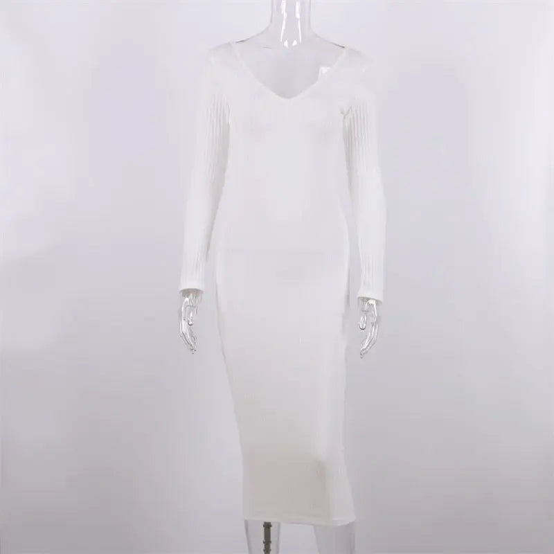Sexy Bodycon Midi Woman Dress Knitted Long Sleeve V Neck Party Elegant Robe Women's Dresses nowadaysfashion