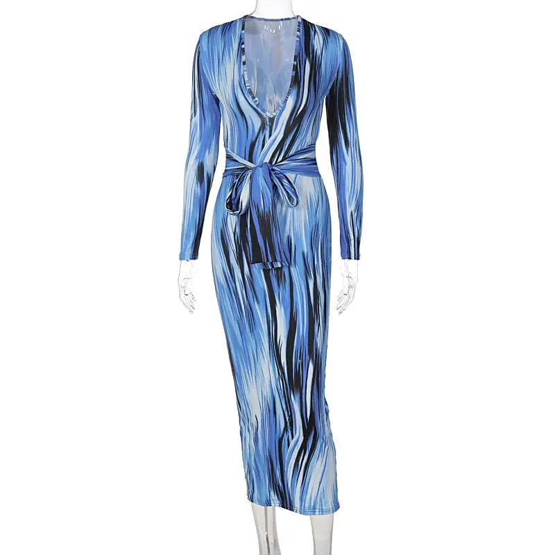 tie dye print women midi dress long sleeve bodycon sexy bandage bodycon nowadaysfashion