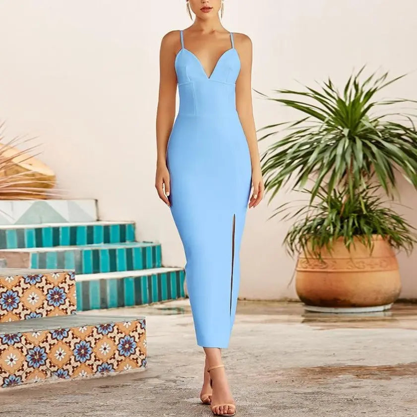 Summer Women White Bodycon Bandage Long Dresses Sexy V Neck Spaghetti Strap Evening nowadaysfashion