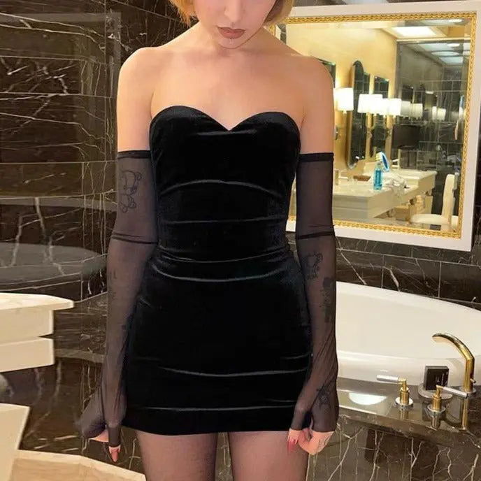 Black Strapless Dress Women New Simple Slim Removable Mesh sleeves Female Dress nowadaysfashion