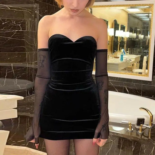 Black Strapless Dress Women New Simple Slim Removable Mesh sleeves Female Dress nowadaysfashion