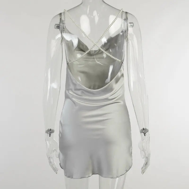 Silk Strap Mini Dresses Backless Solid Color Criss Front Pearl Sexy Summer Sexy Party nowadaysfashion