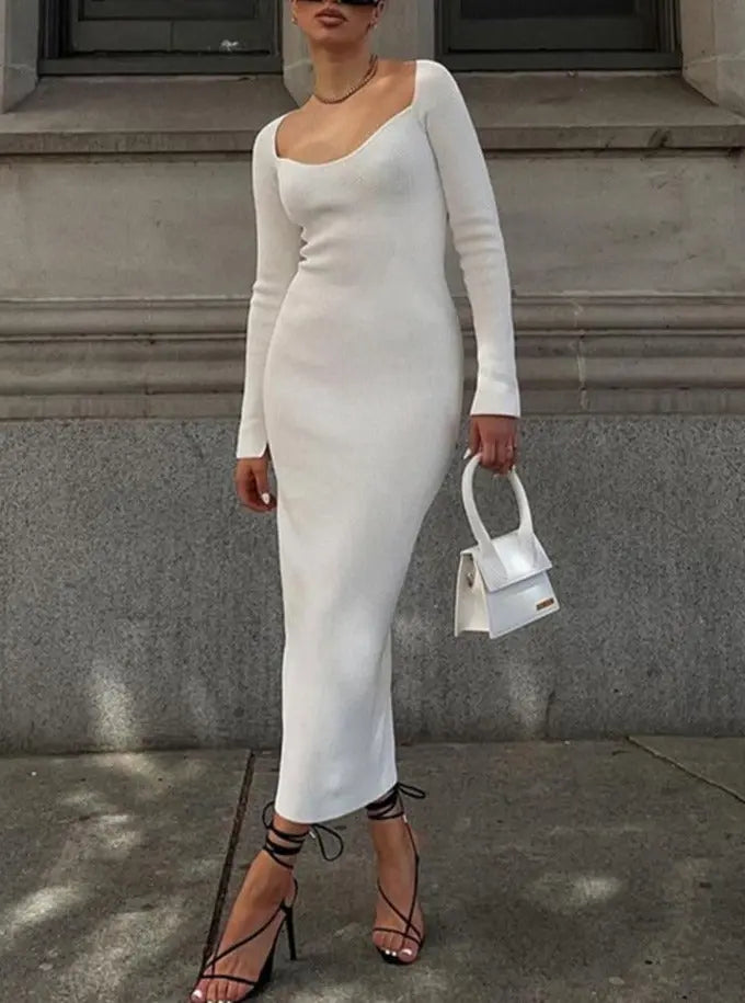 2022 Knitted Green Midi Sexy Bodycon Women Dress Spring Long Sleeve Off Shoulder Split Sweater Dresses nowadaysfashion