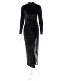 Women Velvet Long Sleeve Ruched Midi Dress Side Slit Bodycon Streetwear nowadaysfashion