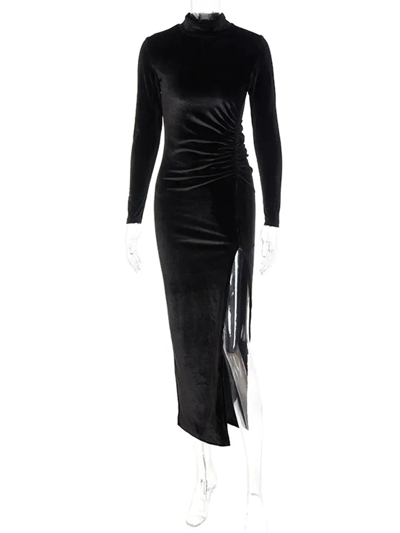 Women Velvet Long Sleeve Ruched Midi Dress Side Slit Bodycon Streetwear nowadaysfashion