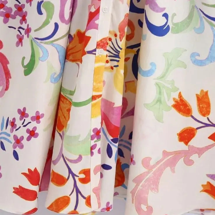 Women Vintage Totem Floral Print Bow Sashes Midi Shirt Dress Female Three Quarter Sleeve Slim Vestidos nowadaysfashion
