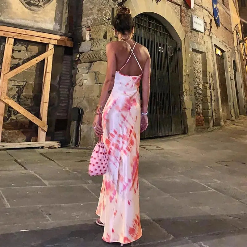 neon satin lace up 2022 summer women bodycon long midi dress sleeveless backless elegant party nowadaysfashion