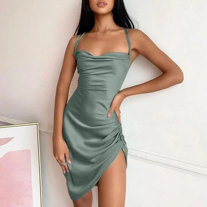 Satin Women Strap Mini Dress Ruched Lace Up Cross Bandage Backless Bodycon Sexy Party Elegant nowadaysfashion