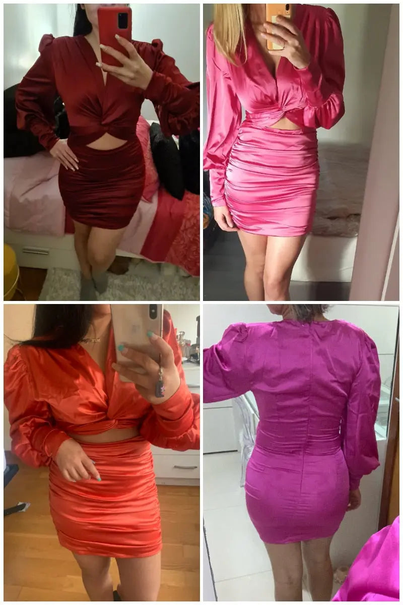 deep v neck bodycon dress Party club hollow out mini dress Elegant lantern sleeve satin dress nowadaysfashion