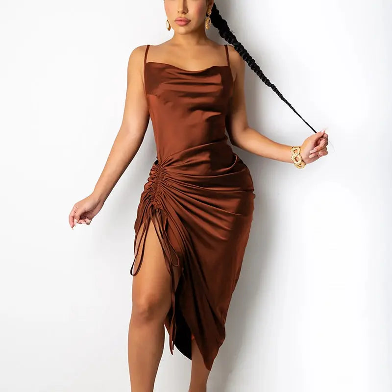 Ruched Satin Summer Dress Drawstring Spaghetti Straps Cowl Neck Backless Long Dresses nowadaysfashion