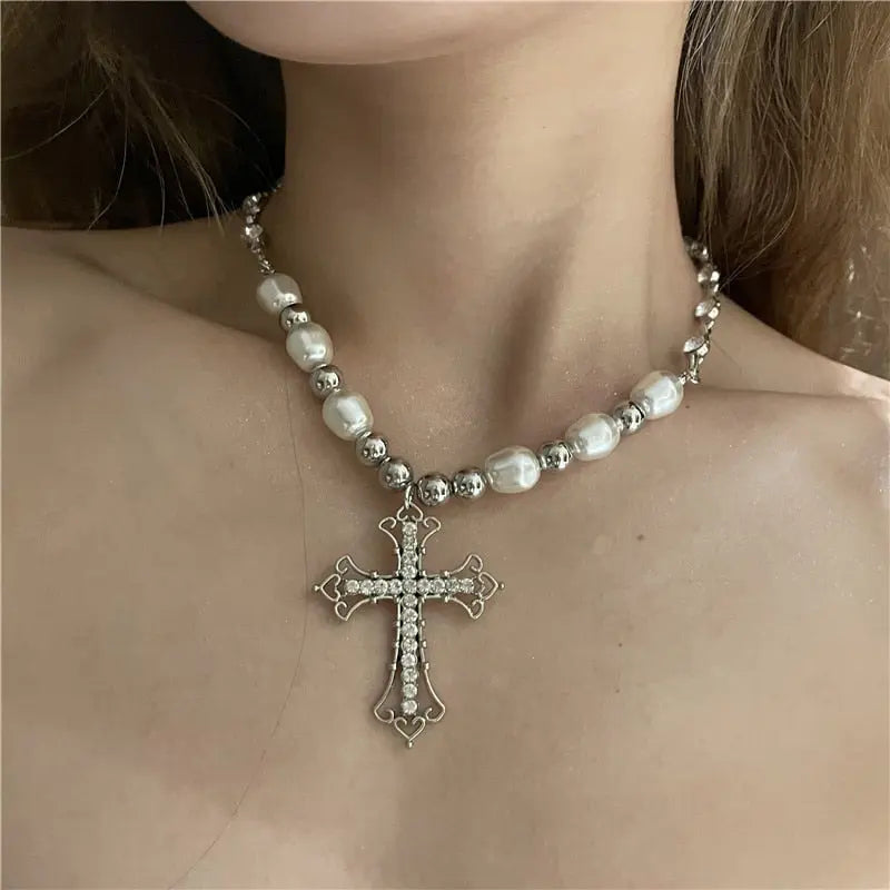 Bling Cross Pendant Necklaces for Women Girl Gift Wedding Neck Jewelry Goth Pearl Necklace nowadaysfashion