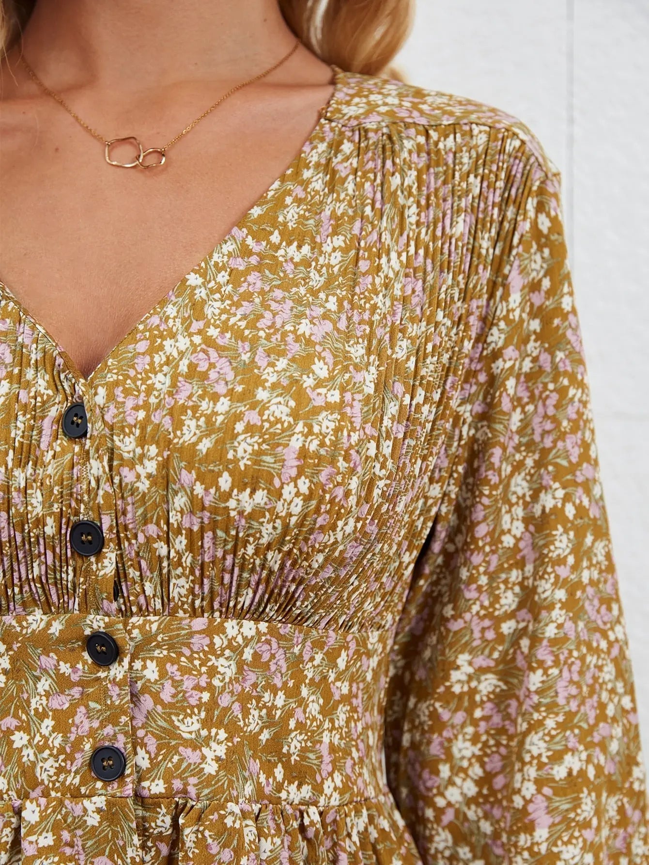 Retro pleated v-neck buttons A-line floral Elegant high waist maxi dress Long lantern sleeves vestido female nowadaysfashion