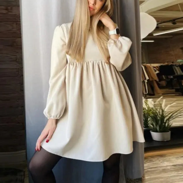 O-Neck Folds Lantern Sleeve Casual Dresses Autumn Solid Color A-Line Loose Comfort High Waist Dress nowadaysfashion