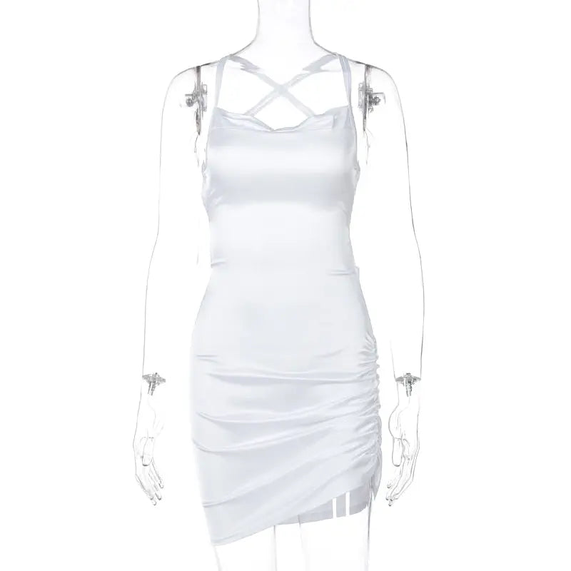 Satin Women Strap Mini Dress Ruched Lace Up Cross Bandage Backless Bodycon Sexy Party Elegant nowadaysfashion