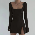 Square Neck Ribbed Black Dress Female Knitted Side Split Bodycon Dress Long Sleeve Mini Dresses nowadaysfashion
