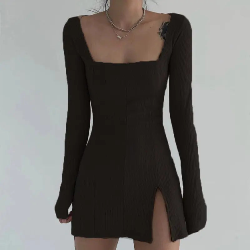 Square Neck Ribbed Black Dress Female Knitted Side Split Bodycon Dress Long Sleeve Mini Dresses nowadaysfashion