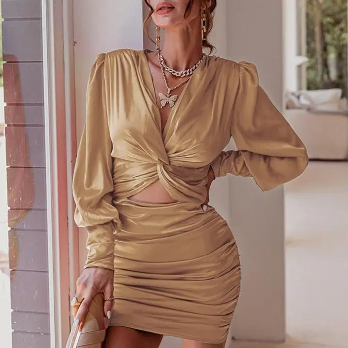 deep v neck bodycon dress Party club hollow out mini dress Elegant lantern sleeve satin dress nowadaysfashion