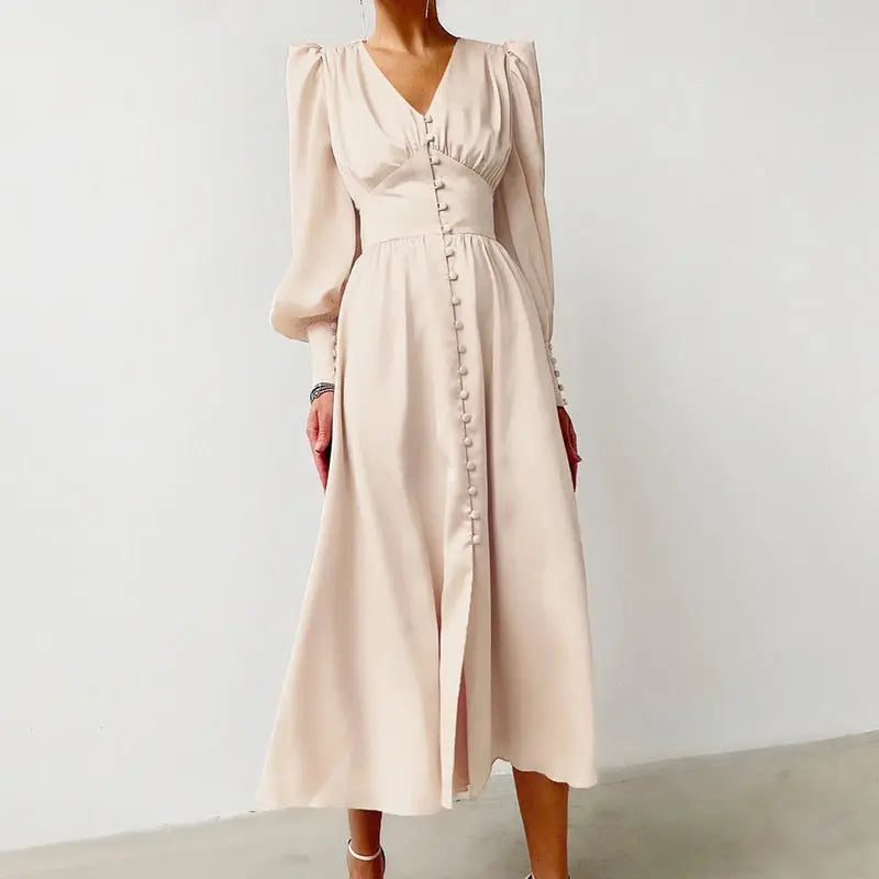 Single Breasted Dress High Waist Satin Long Dress V Neck Women Midi Dresses Lantern Sleeve nowadaysfashion