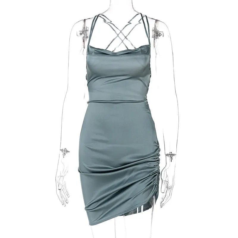 Satin Women Strap Mini Dress Ruched Lace Up Cross Bandage Backless Bodycon Sexy Party Elegant nowadaysfashion