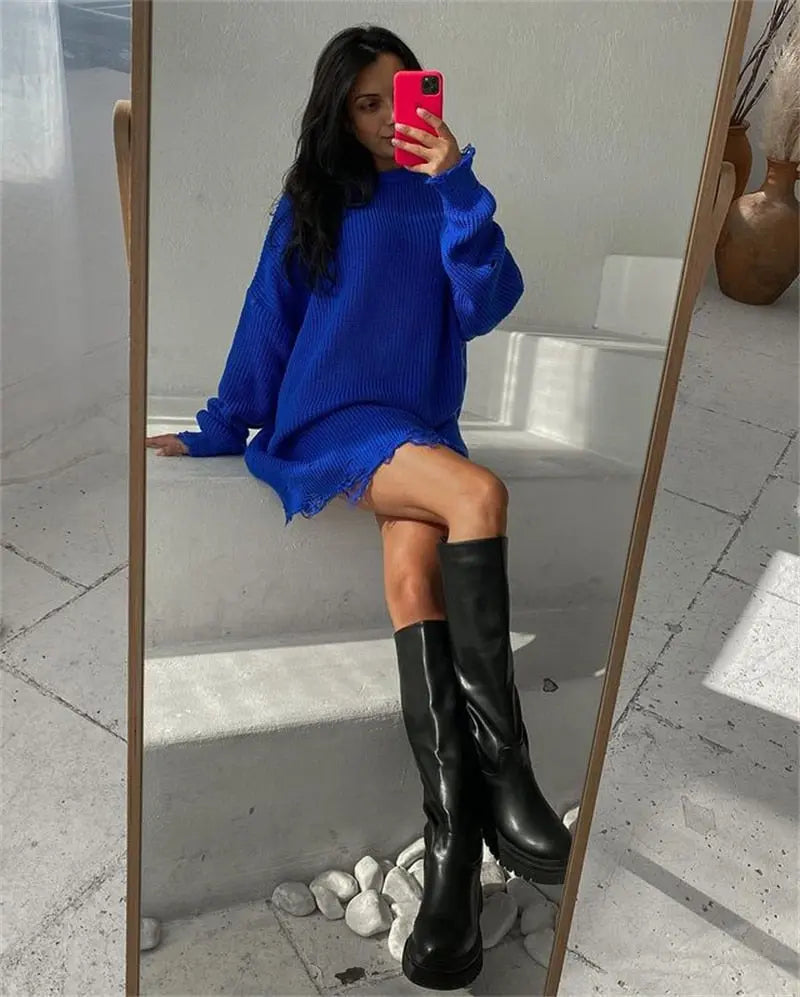 O Neck Oversized Mini Knitted Women Sweater Loose Dresses Autumn Winter Long Sleeve nowadaysfashion