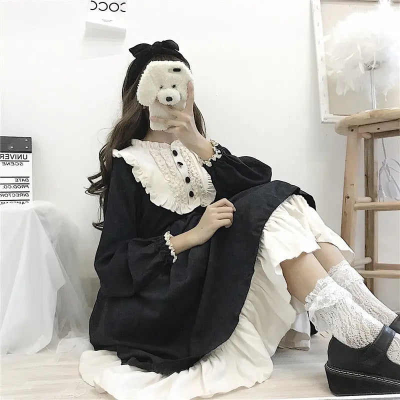 Japanese Style Women'S Dresses O-Neck High Waist Slimming Contrast-Color Ruffled Sweet Lolita Dress Kawaii nowadaysfashion