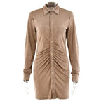 Autumn Ruched Long Sleeve Bodycon Dress Women Turn-Down Collar Sexy Mini Dress Vestidos 2022 nowadaysfashion