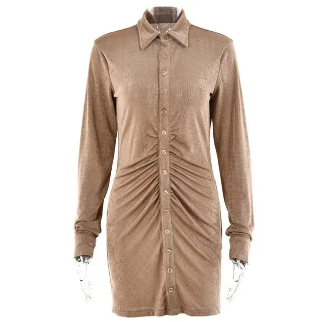 Autumn Ruched Long Sleeve Bodycon Dress Women Turn-Down Collar Sexy Mini Dress Vestidos 2022 nowadaysfashion