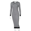 Houndstooth Print Women Long Sleeve Midi Dress Hollow Out Bodycon Streetwear nowadaysfashion