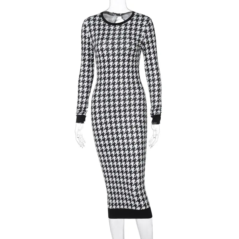 Houndstooth Print Women Long Sleeve Midi Dress Hollow Out Bodycon Streetwear nowadaysfashion