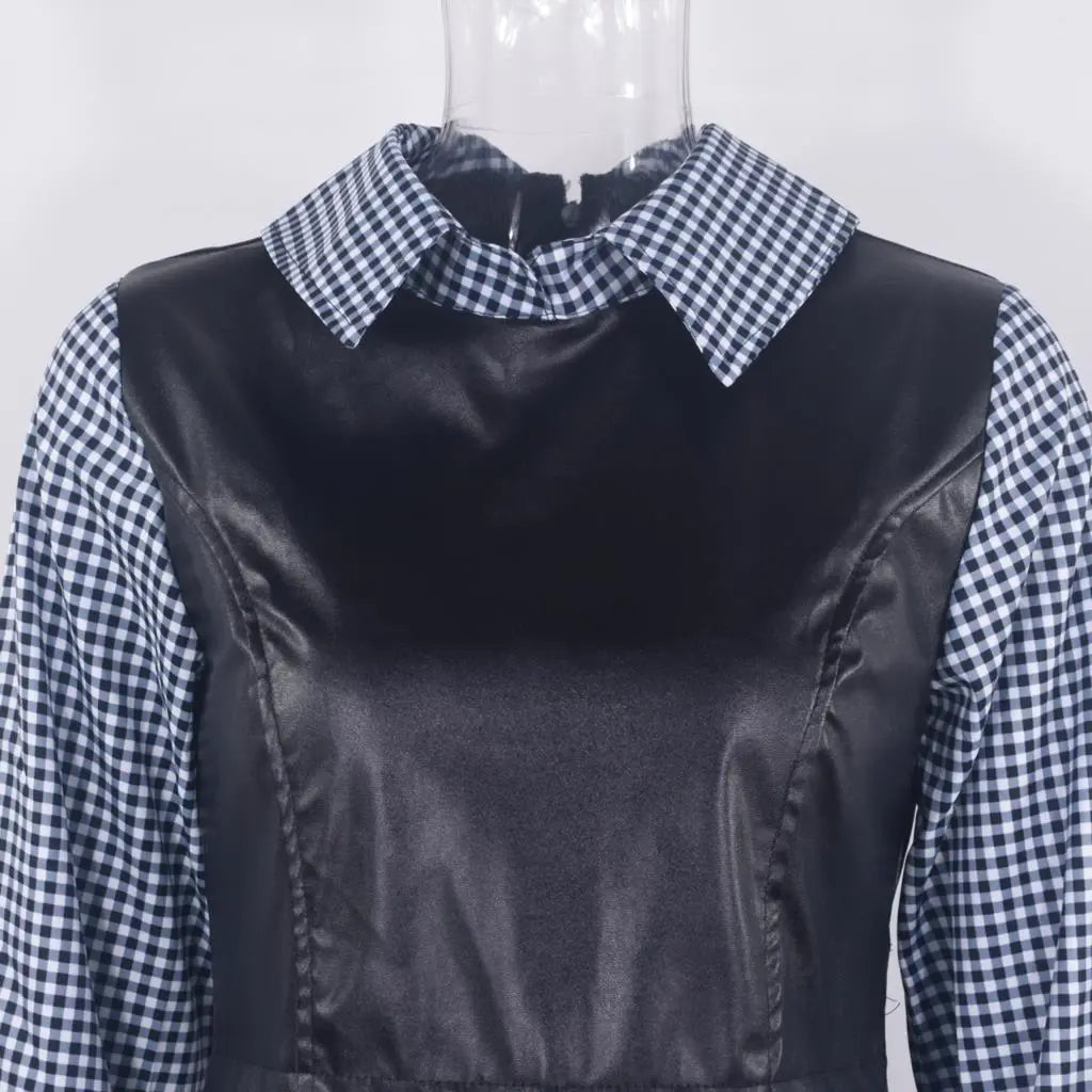 Long Sleeve Mini Shirt Dress For Women White 2022 Spring PU Leather Patchwork Plaid Dresses nowadaysfashion