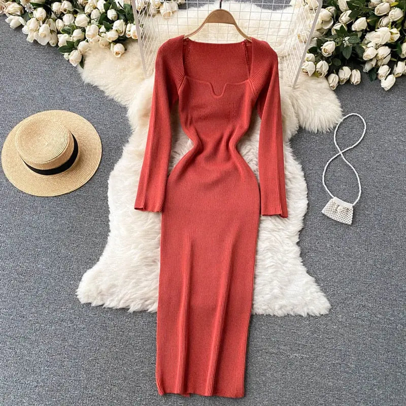 Strapless Ribbed Knitted Bodycon Dress Women Winter Long Sleeve Midi Sweater Dress nowadaysfashion