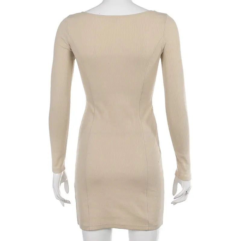 Square Neck Ribbed Black Dress Female Knitted Side Split Bodycon Dress Long Sleeve Mini Dresses nowadaysfashion