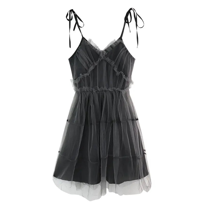 Dark Gothic Harajuku Dress Women Vintage Mesh Patchwork Lace Up High Waist Dress nowadaysfashion