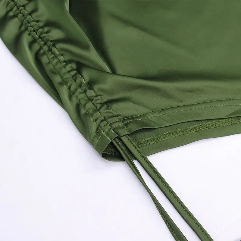 Ruched Satin Summer Dress Drawstring Spaghetti Straps Cowl Neck Backless Long Dresses nowadaysfashion