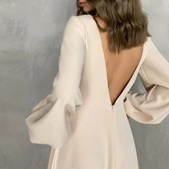 Sexy Backless Midi Long Dresses Lantern Sleeve O-Neck Autumn Folds A-Line For Women nowadaysfashion