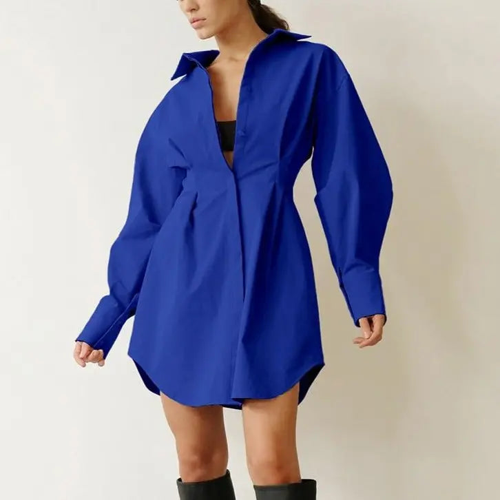 Autumn Winter Bodycon Dress Women Long Sleeve Khaki Pleated Shirt Midi Dresss nowadaysfashion