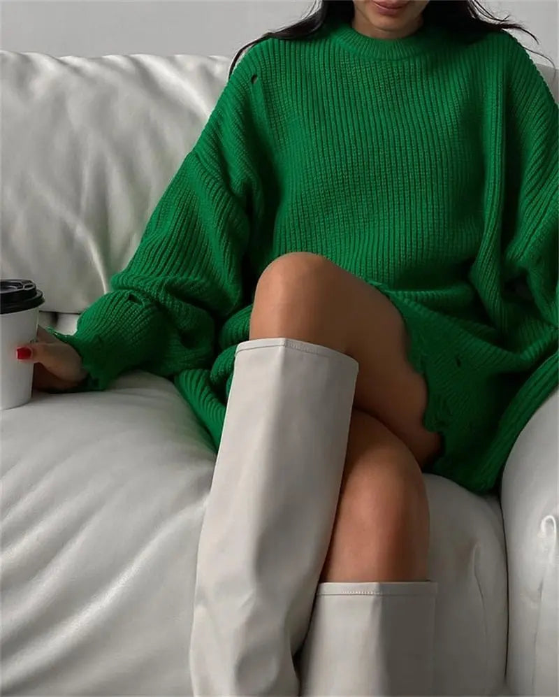 O Neck Oversized Mini Knitted Women Sweater Loose Dresses Autumn Winter Long Sleeve nowadaysfashion
