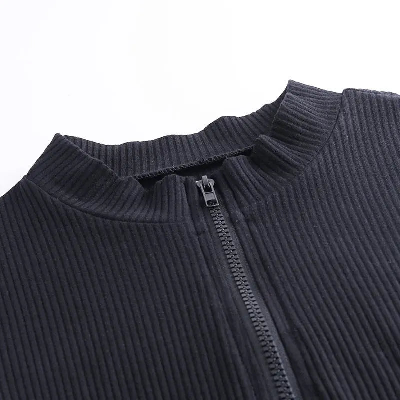 Bodycon Ribbed Dress Stand Collar Zipper Deep V-neck Solid Stretch Mini Vestido nowadaysfashion