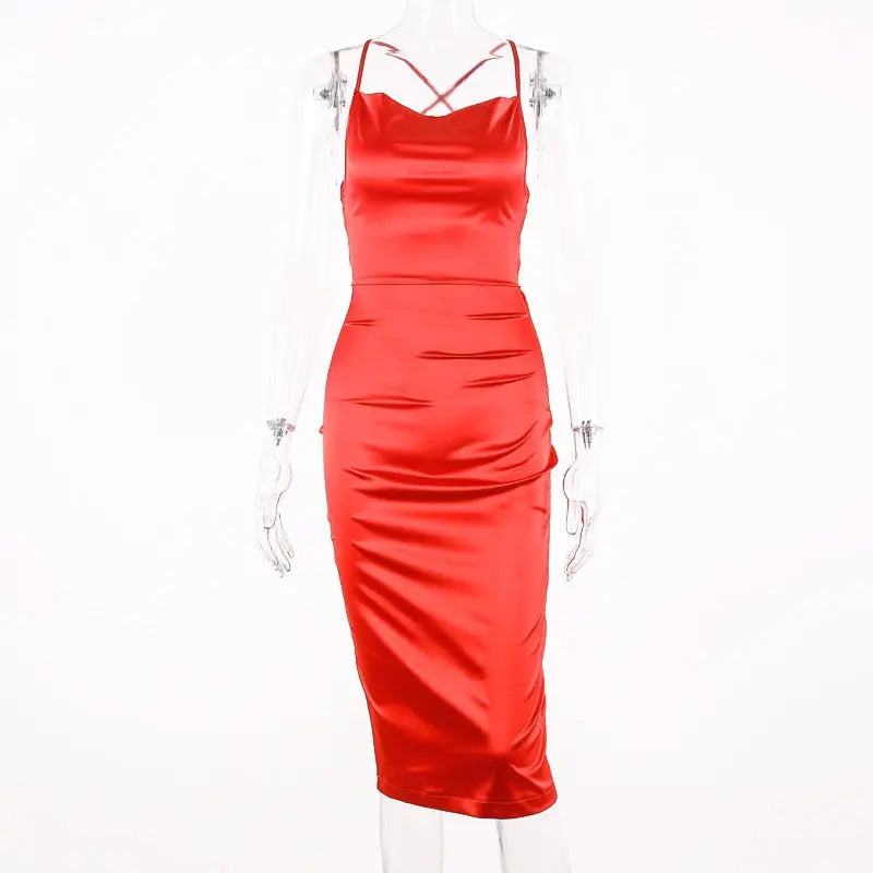 neon satin lace up 2022 summer women bodycon long midi dress sleeveless backless elegant party nowadaysfashion