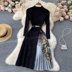 Knitted Patchwork Gradient Print Pleated Dress Long Sleeve Office One-Piece Sweater Dress With Belt nowadaysfashion
